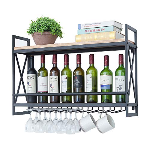 Industrial Wine Racks Wall Mounted with 8 Stem Glass Holder,31.5in Rustic Metal Hanging