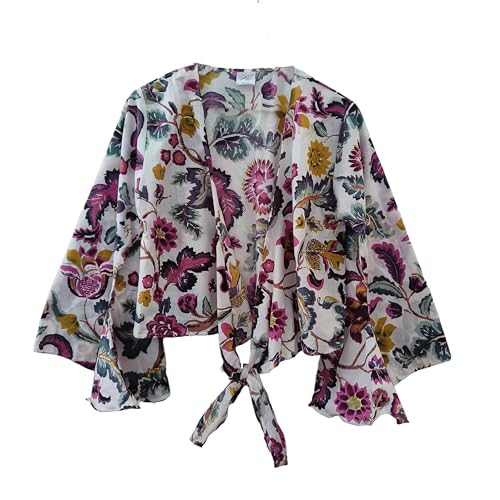 Multi Leaf Floral Print Beach cover up White Bell Sleeves 70's Retro Dress Sleepwear Hippie Clothing Crop Top - Main Image