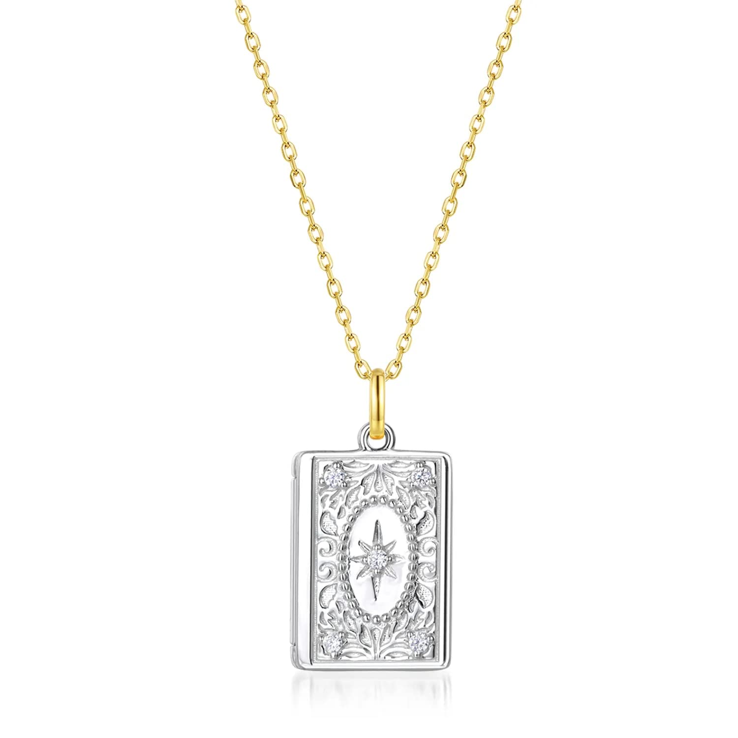 HLTYGWX Halskette mit Anhänger aus 925er-Sterlingsilber für Damen, doppelseitiger Stern, Blumenrelief, Goldschmuck