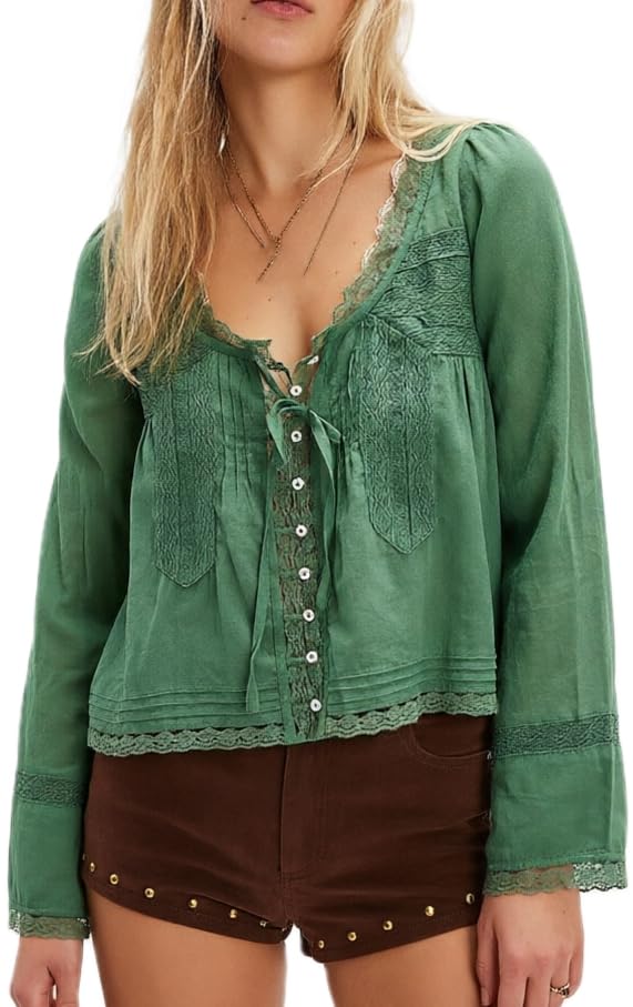 Image of Women Summer Sheer Tie Front Top Y2k Peplum Chiffon Blouse Eyelet Long Sleeve Flowy Lace Beach Cover Up Boho Tops