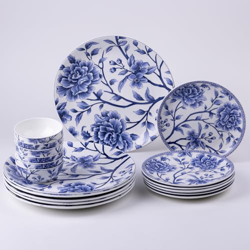 Image of GOLDEN QUEEN'S Bone China 18 Piece Floral Dinner Set - Serving 6 | Perfect for Hosting and Daily Meals | Microwave Safe | Includes 6 Dinner Plates, 6 Small Bowls & 6 Side Plates - Sapphire Bloom