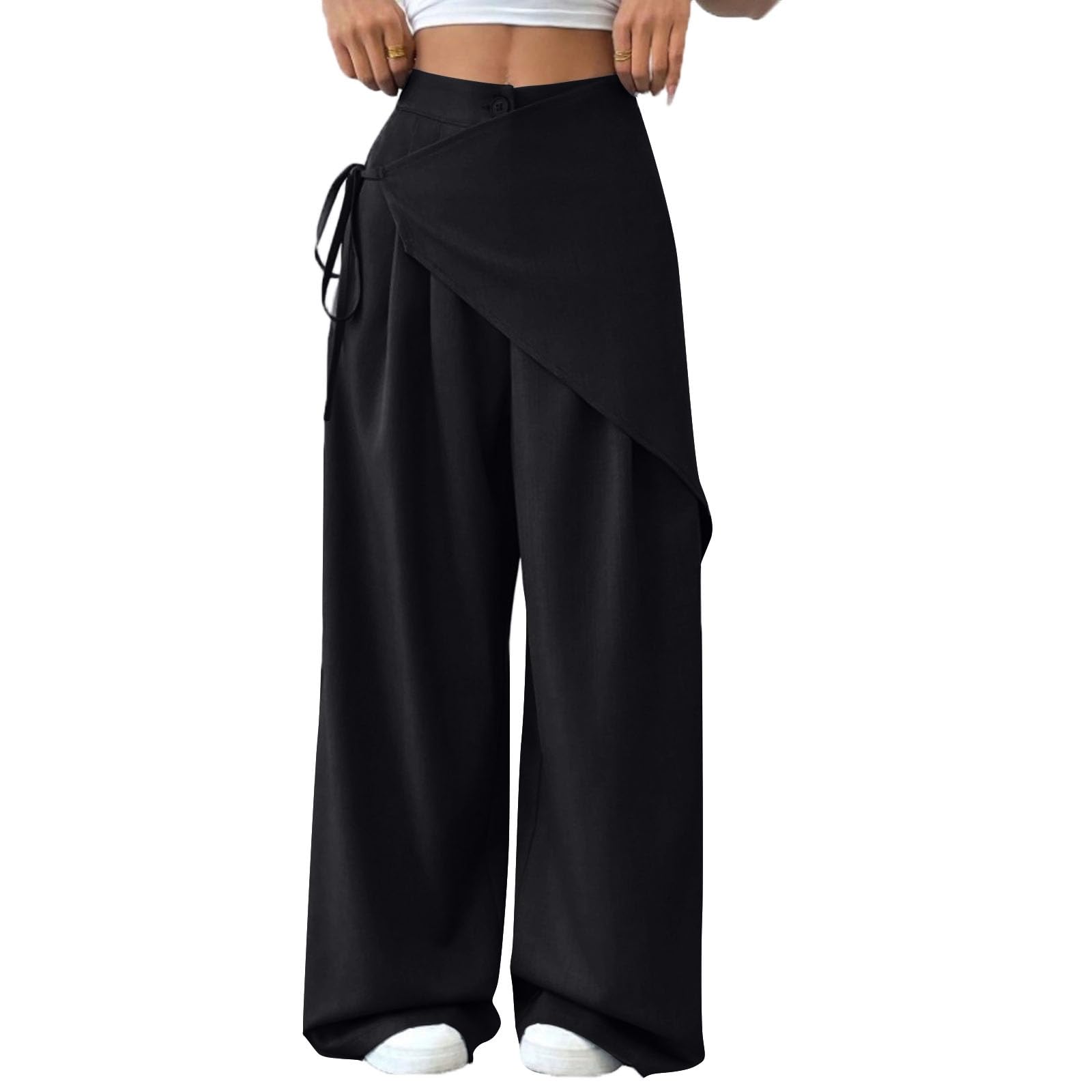 Womens Dress Pants High Waisted Tie-Waist Asymmetrical Patchwork Solid Color Wide Leg Casual Work Pants