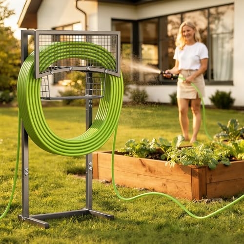 MLICAWU Garden Hose Holder Freestanding with Storage Basket, Holds Up to 165FT Hose, Heavy Duty Metal Water Hose Holder with 4 Anchor Spikes, for Yard, Lawn & Patio - image 5