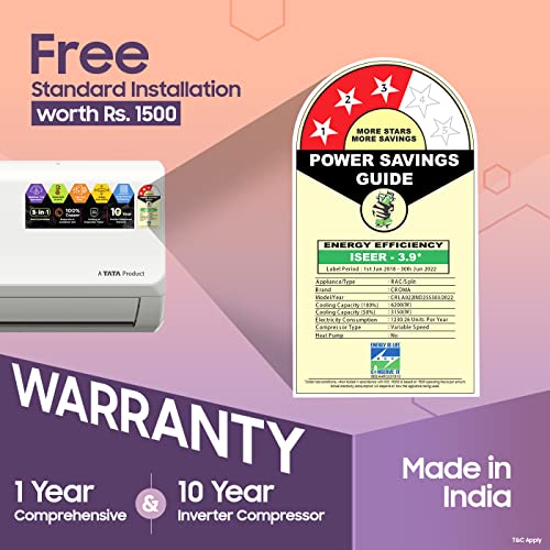 Image of Croma 2 Ton 3 Star Inverter Split AC (Copper Condenser, 2022 Model, CRLA022IND255303, White) with Free Standard Installation