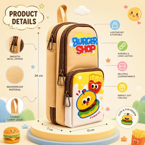 Image of Invite Enterprise Double Zipper Pencil Pouch for Kids | Large Capacity Stationery Organizer | Multi-Compartment Pencil Case for School, Office & Travel | Cute Food Theme Design