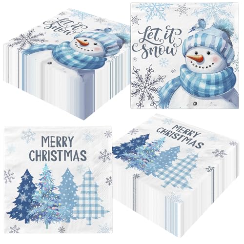 Blue Christmas Napkins, 40Pcs Snowman Christmas Paper Napkins Disposable Christmas Cocktail Napkins Let It Snow Napkins for Blue and White Christmas Decorations Xmas Winter Holiday