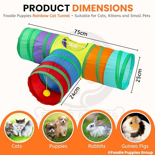 Image of Foodie Puppies 3 Way Rainbow Cat Tunnel Toy - Foldable Interactive Pet Play Tunnel with Hanging Ball for Cats, Kittens, Rabbits, and Guinea Pigs | Indoor /Outdoor Puzzle Exercising Hiding Training Toy