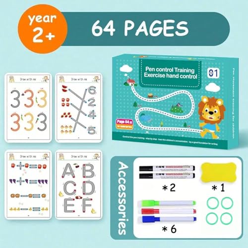 Image of DUKAAN Magic Practice Copybook for 2-6 yrs Kids 64 Pages Reusable Tracing Workbook,Wipe-Clean Handwriting Practice Book with Pens, Eraser, Learn Alphabets, Numbers, Drawing,Writing- 45x200 cm(Black)