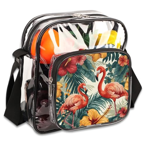Clear Crossbody Bag Stadium Approved Flamingos and Tropical Flowers Transparent Bag for Festivals, Sports Events, Concerts,Beach Bag for Women Men Clear Purse with Front Pocket Messenger Bag