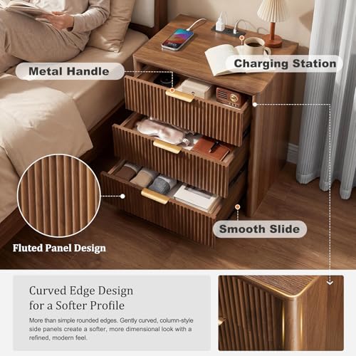 Image of LYNCOHOME 23 inch Fluted Nightstands Set of 2 with Charging Station, 3 Drawer Bedside Table, Modern Night Stand with Curved Edge, Wooden End Table for Bedroom, Rounded Night Stand with Storage, Walnut
