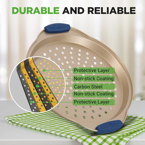 Image of NutriChef 3-Piece Pizza Tray Set with Silicone Handles - Round Nonstick Pizza Pan with Perforated Holes, Durable Carbon Steel, Small, Medium, Large Sizes - Ideal for Crispy, Evenly Baked Pizzas (Gold)