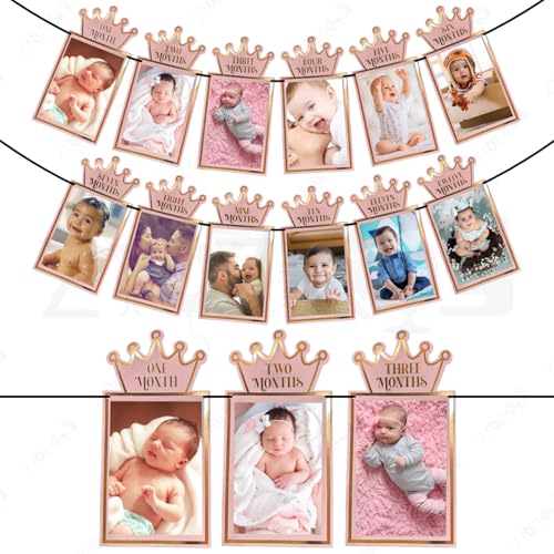Image of Zyozique Baby Monthly Milestone Photo Paper Banner, Rose Gold Crown Design, 1-12 Months Picture Frame Garland, First Year Memory Keepsake, New Born To 1st Birthday Baby Photo Paper Banner