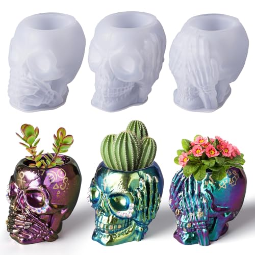 Lot de 3 moules en silicone en forme de tête de mort pour résine époxy, crâne d'Halloween 3D, moules en silicone pour arroser des pots de fleurs, vase...