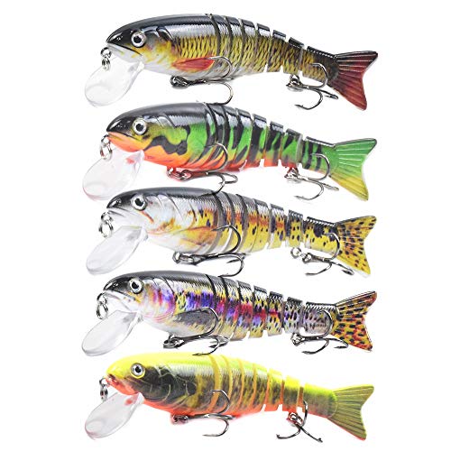 Juego de señuelos de pesca de 5 piezas, cebo de natación de segmento articulado múltiple de 4,3 pulgadas, cebo duro artificial realista, anzuelos de cebo de manivela triple para truchas para agua
