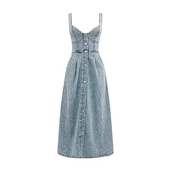Women's Denim Dress Vintage Spaghetti Straps Maxi Dresses