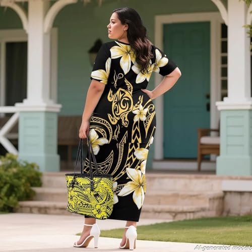 Image of Polynesian Dress for Women Short Sleeve High Waist Maxi Skirt | Puletasi dress, t-shirt and skirt two-piece, elastic material, lightweight, soft, plus size, luau party, wedding, clubwear