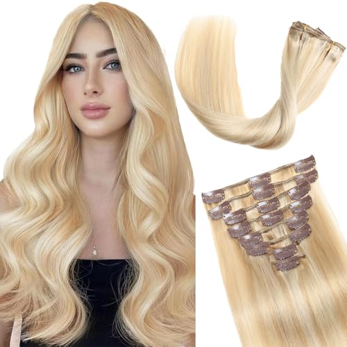 Image of Clip in Hair Extensions Real Human Hair, Human hair Clip ins Extensions | Seamless Invisible Human Hair Extensions Clip ins Straight 8Pcs Double Weft Dark Blonde Highlight Bleach Blonde 24 inch 120g