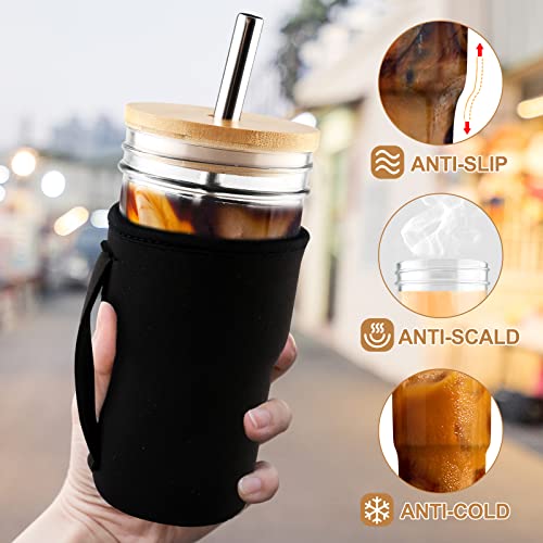 Movno Boba Glass Cups With Bamboo Lids And Straws -22Oz Set Of 4 Wide Mouth Glass Tumblers For Iced Coffee, Smoothies, Tea,Juice -Mason Jar Cups With Airtigh Lids, Sleeves And Brushes For Women Gift #TOP5