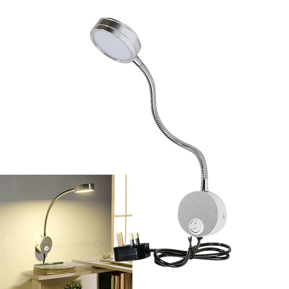 Boyeebo Silver, 3000K Flexible Arm 5W Led Bedside Reading Lights, Wall Mounted Led Wall Lamp Working Study Headboard Light With Plug & Switch For Bedroom, Office, Workbench, Studio (Silver, 3000K)