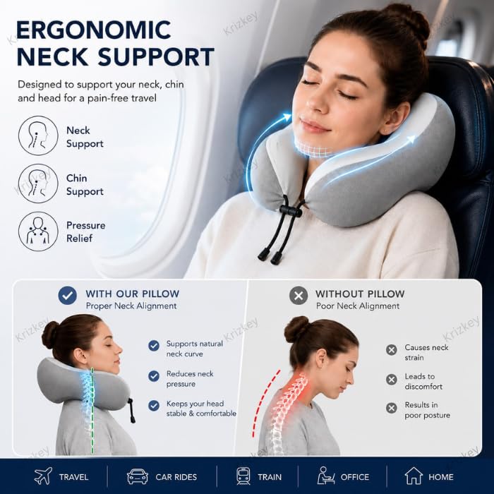 Image of Memory Foam Travel Neck Pillow with Portable Storage Case | Soft U-Shaped Neck Support Cushion for Airplane, Car, Train & Office | Lightweight Ergonomic Travel Pillow (Grey)