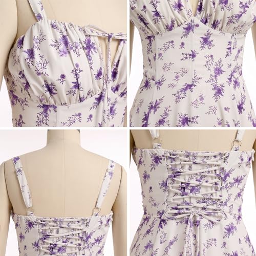 Image of Women Floral Corset Dress 2026 Boho Midi Sundress Summer Dress | Flowy A-Line Dress with Adjustable Spaghetti Straps Lace Up Back Front Slit High Waist for Vacation Wedding Guest