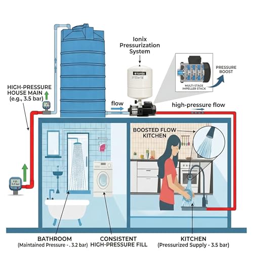 Image of IONIX 1 HP High Pressure Booster Pump with 24L Pressure Tank, Stainless Steel Multi Stage Pump Head, Grundfos Pressure Switch, Brass NRV & 5 Way Connector, Water Pressure Pump for Home & Overhead Tank