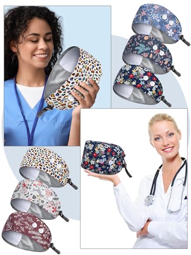 Image of 6 Pc Satin Lined Scrub Caps Women with Buttons Ponytail,Vintage | Surgical Caps for Nurses Various Departments, Adjustable Tie Back, Working Hats with Ponytail Hole, Soft Satin Lining