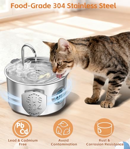 UPAWPIA 3.2L Katzenbrunnen Edelstahl mit 3 Filtern Trinkbrunnen für Katze Katzenbrunnen für Katzen mit Wasserstandsfenster Ultra leise Wasserbrunnen für Katzen Cat Water Fountain mit LED Licht