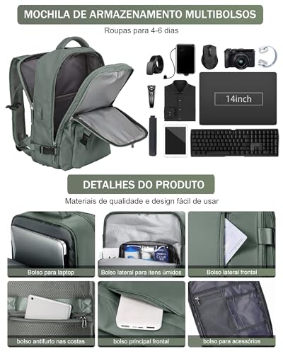 Mochila Executiva de Viagem Grande 40L Impermeável com Porta USB, Mochila Compartimento para Noteboo
