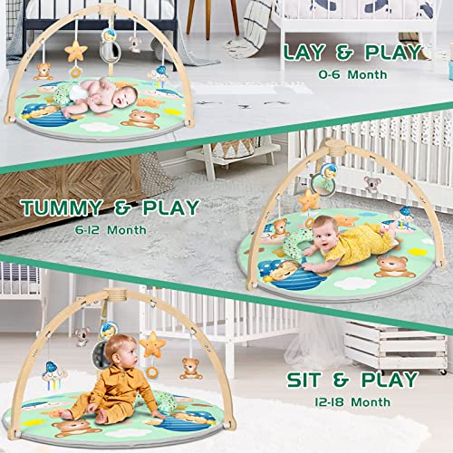 Feisike Wooden Baby Activity Gym & Play Mat, Stage-Based Sensory And Motor Skill Development, Thick Non-Slip Design Tummy Time Mat Washable #TOP3