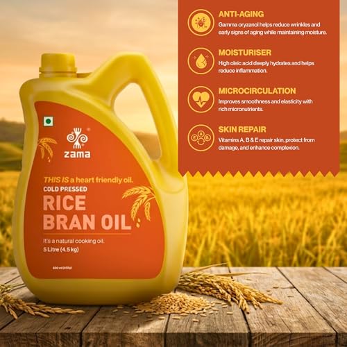 Image of Zama Organics Cold Pressed Rice Bran Oil 5L PET Bottle Pack of 2 | Cooking Oil for Deep Frying & Stir Fry | Oryzanol Rich Oil | High Smoke Point | Light & Neutral Taste | Daily Use Edible Oil