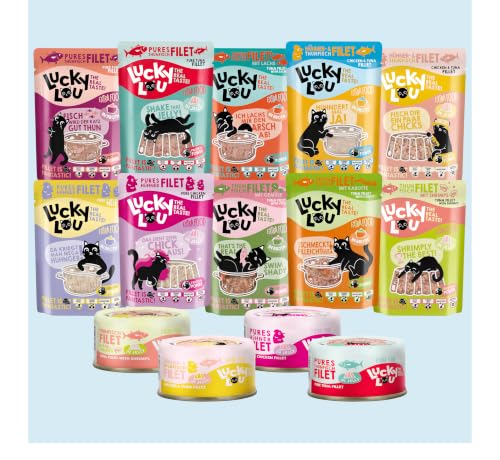 Lucky Lou Extrafood Mix-Paket Katzenfutter nass - 36 x 70g - hochwertiges Nassfutter (Ergänzungsfutter) mit viel Protein, getreidefrei & ohne Zucker für Katzen