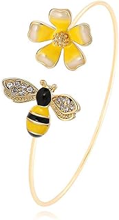 Fashion Yellow Flower and Honey Bee Adjustable Charm Bangle Bracelet Women Jewelry