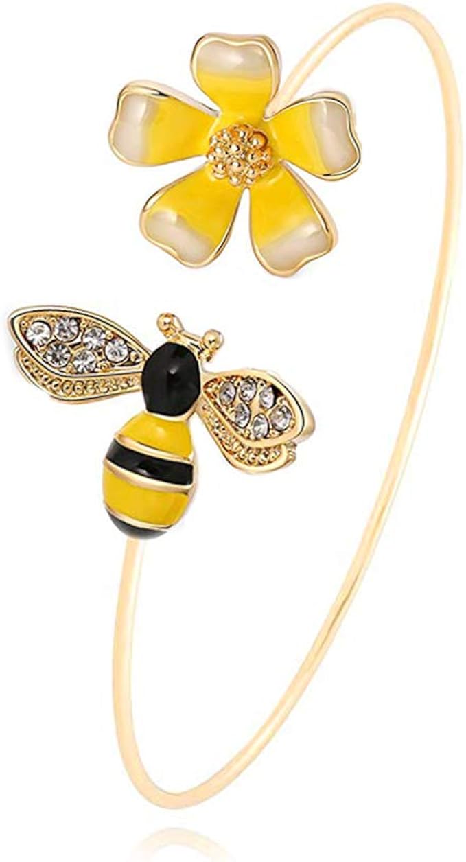 MANZHEN Fashion Yellow Flower and Honey Bee Adjustable Charm Bangle Bracelet Women Jewelry