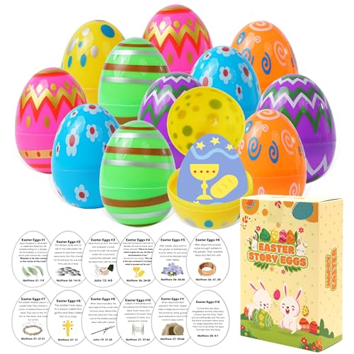 12 Pcs Medium Resurrection Easter Story Eggs with Matching Religious Cards Holy Week Card, Religious Easter Gifts for Kids, Christian Easter Basket Stuffer for Kids, Funny Easter Egg Hunt Activity (Medium)