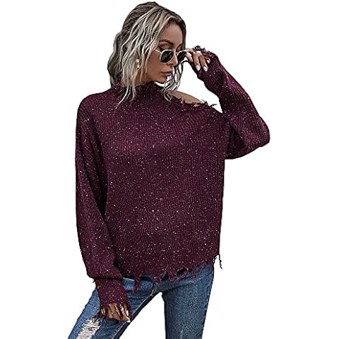Women's Fringe Pullover Sweaters Off Shoulde Frayed Raw Hem Turtleneck Ripped Loose Sweater Pullover Top Knit Jumper Red Cover