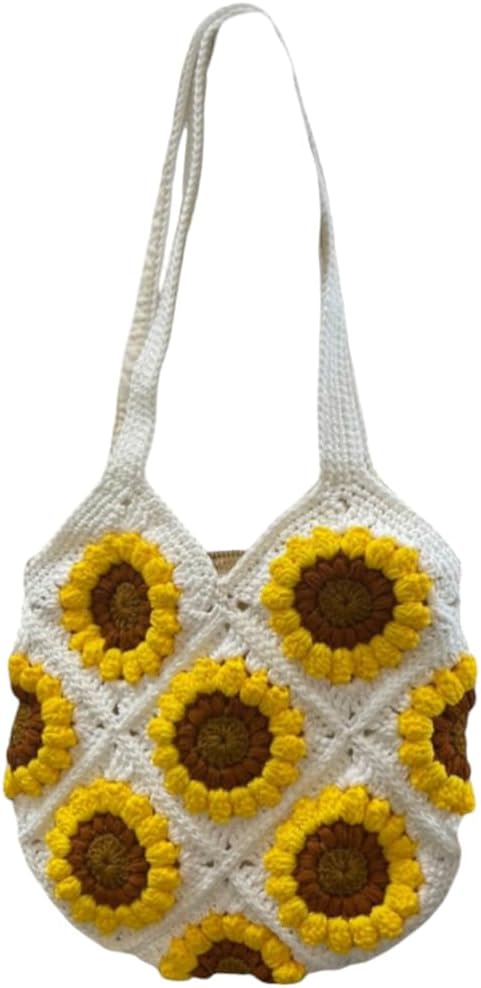 Handmade Sunflower Crochet Bag,Weekender Bag, Grandma Square Motif Hand and Shoulder Bag, Sunflower Crochet Tote Bag