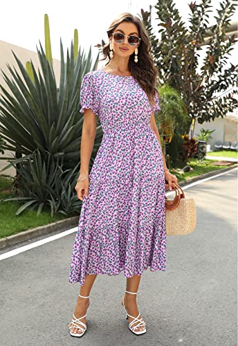 Image of NAVINS Womens Floral Print Modest Wedding Guest Midi Dress with Pockets | Puff sleeve tiered boho dress for summer, church, and vacations. Elastic waist, Below knee, hand or machine wash.
