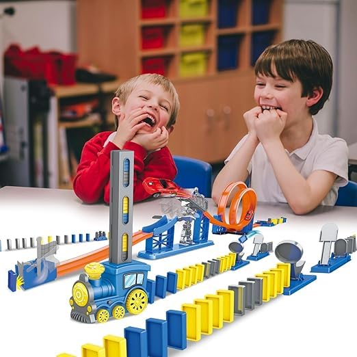 nino's 120 Pcs Domino Train Racing Theme, DIY STEM Toy Domino Blocks 360° High Speed Car Track with Loop Race Circuit with Toy Car, Educational Game for Kids 5+ Years 4