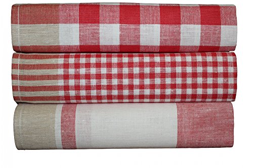 Triolino 3-er Pack Jacquard Geschirrtücher Halbleinen Karo, Größe:50 cm x 70 cm;Farbe:Rot