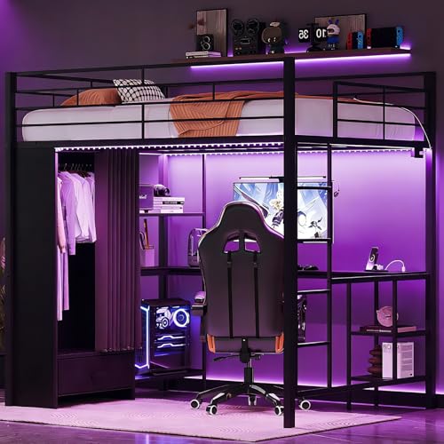 Image of VINGLI Full Loft Bed 15 Inch Extra Tall Safety Guardrail, Wardrobe with Curtain, and Flat Rungs, LED High Double Sleeper with 2 Charging Stations, Desk and Drawer, Heavy Duty Space Saving Bed, Black