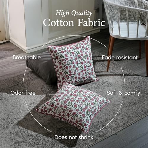 CPC 100% Cotton Throw Pillow Covers 20x20 Inch, Set of 2 Red Block Print Pattern Couch Pillow, Cute Boho Decorative Pillows for Living Room, Bedroom with Hidden Zipper- Red Garnet