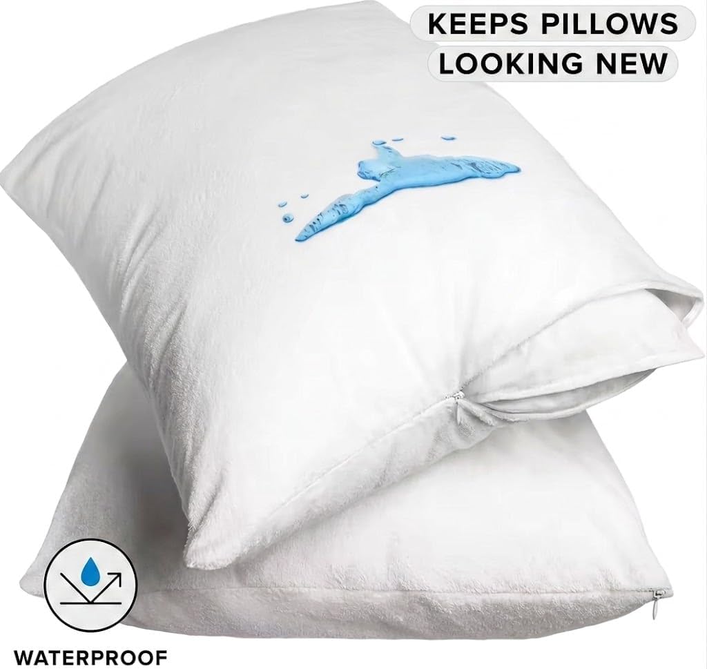 YAMIL'S Home Essential Primium Pillow Protector 100% Waterproof with Zipper Standard Size (Set of 2) White, Bed Bug Dust mite Proof Soft Breathable and Hypoallergenic (Queen)