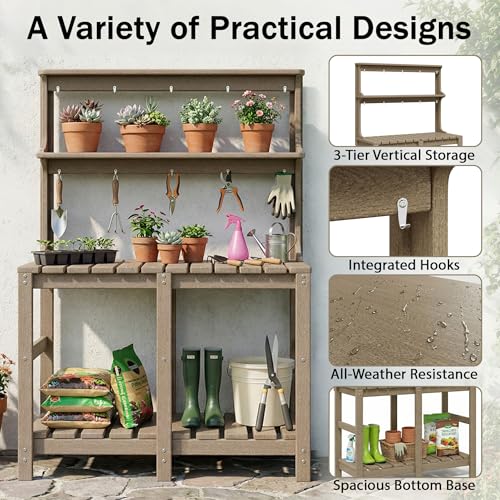 Polyhouz Outdoor Potting Bench with 3 Tier, All-Weather Patio Potting Table with Tool Hooks, HDPE Gardening Table for Backyard, Garden, Brown - Thumbnail 3