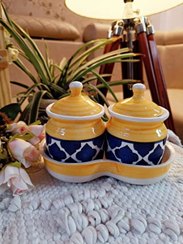 Image of Niyara Multipurpose Storage Ceramic Pickle set Jars & with Lid & tray & (Set of 2, 300 ML) (Yellow)