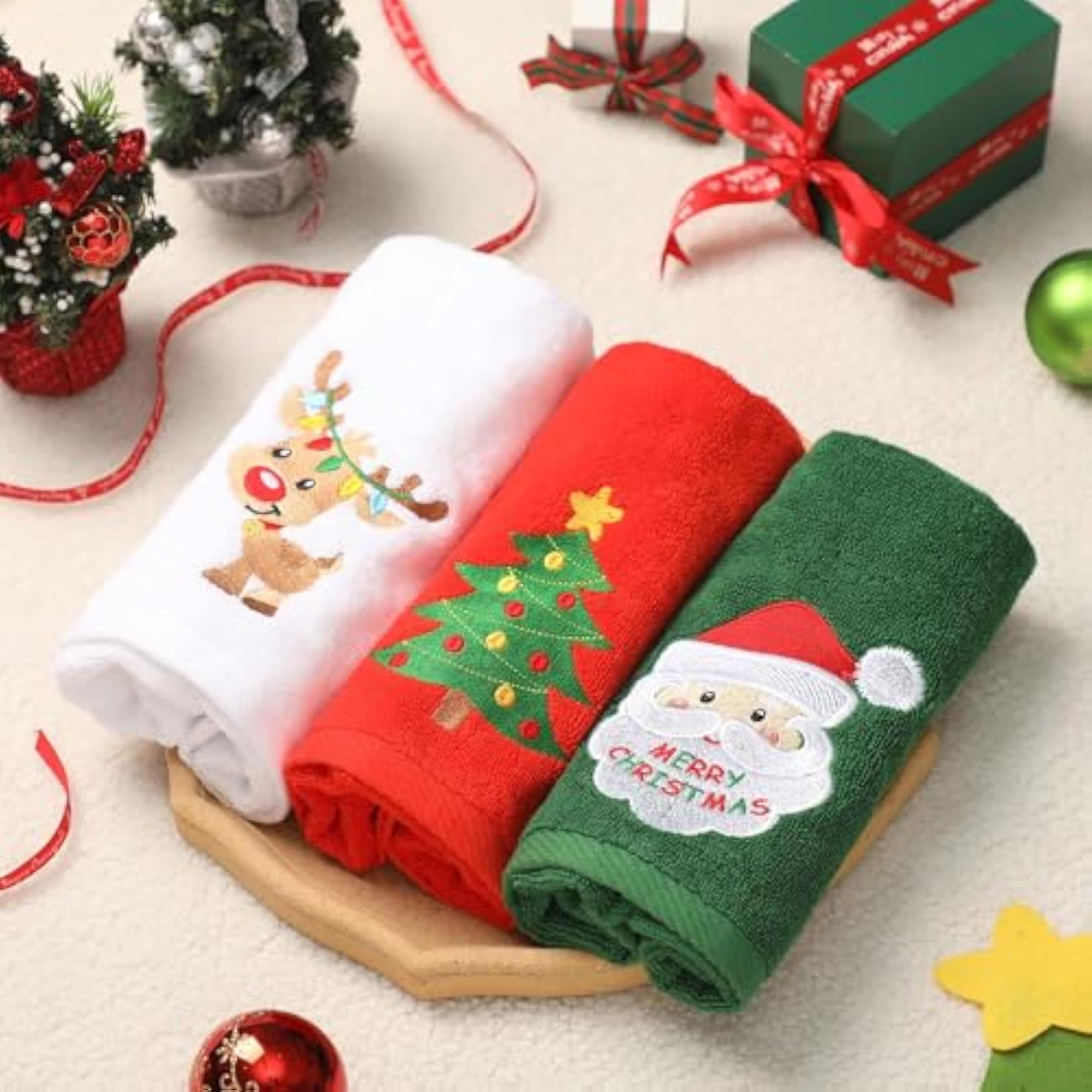 Christmas Hand Towels, 100% Cotton Embroidered