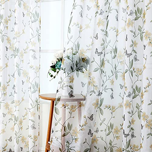 Tollpiz PTHDYELLOW5445 Sheer Floral Curtains Yellow Flower Butterfly Printed Bedroom Curtain Rod Pocket Voile Faux Linen Short Window Curtains For Living Room, 54 X 45 Inches Long, Set Of 2 Panels thumb #1