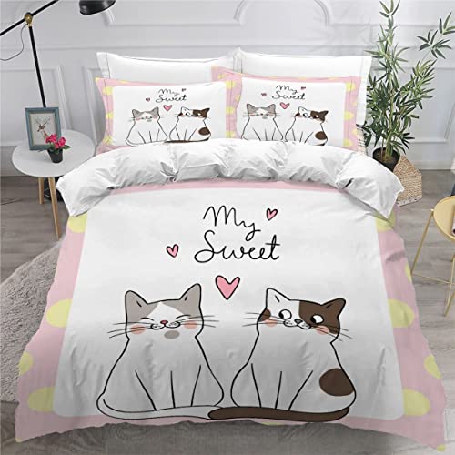 KIILA Housse de Couette 220x240 Enfant Chat 3D Imprimé Fille Parure lit 2 Personnes Graffiti 3 Pièces Confortable Doux Microfibre avec Fermeture Éclair Literie et Taie d'oreiller, Color20, 220x240cm