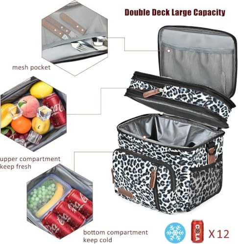Image of MIYCOO Lunch Bag & Lunch Box for Women Men, Double Deck Leakproof Insulated Soft Large Adult Camping Cooler bag for Work, Beach, Picnic, Travel (Leopard print, 15L)