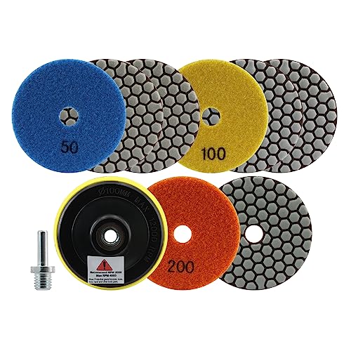 FOCSTOL Diamond Dry Polishing Pads - 8pcs 100mm (3pcs Grit 50+3pcs Grit 100+2pcs Grit 200) Polishing Kit with M14 Backer for Granite Marble Artificial Stone Quartz for Angle Grinder